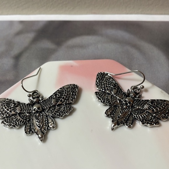 Silver Skull Moth Drop Earrings - Picture 13 of 15